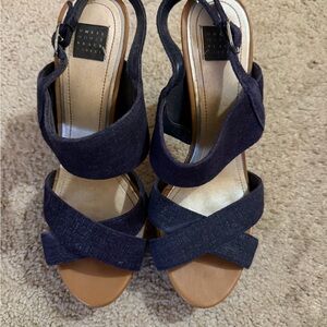 White House Black Market Navy and Tan Wedges